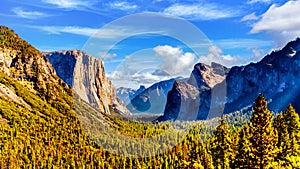 Tunnel View of Yosemite Valley with famous granite rock El Capitan on the left and dry Bridalveil Fall in Yosemite National Park photo