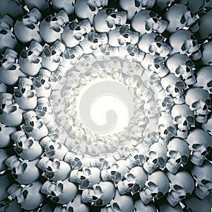 Tunnel of white skulls in modern style. Light at the end of the tunnel. 3d rendering digital illustration