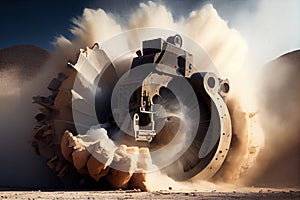 tunnelling machine, surrounded by cloud of dust and debris, breaking through rock