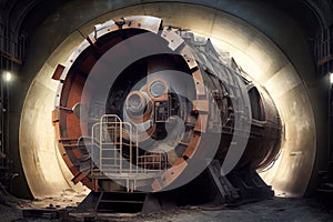 tunnelling machine, with view of its head and tunnel walls in full view