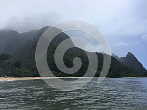 Tunnels Beach on Rainy Day on Kauai Island, Hawaii.