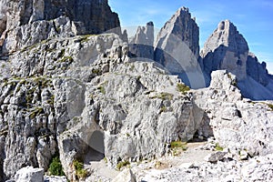 Tunnels in the rock and the three peaks of Lavaredo