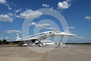 The Tupolev Tu-144 plane was the first in the world commercial supersonic transport aircraft at the International Aviation and Spa photo