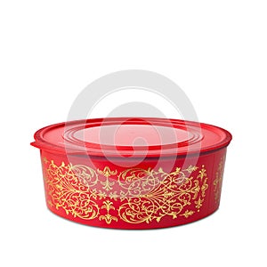 Tupperware plastic container. Plastic red food storage box closed with lid isolated on white background. Food container. Container