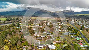 Turangi, New Zealand. Aerial view of the city along Lake Taupo