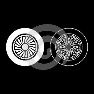 Turbine airplane turbomachine jet engine aircraft motor fan plane set icon white color vector illustration image solid fill