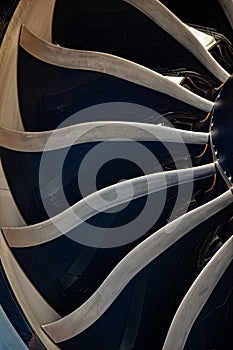 Turbine blades of an aircraft jet engine. Close up Turbines Engine. Aviation Technologies. Aircraft jet black detail