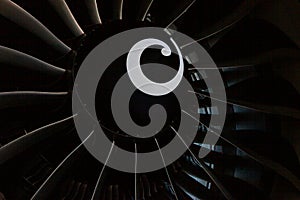 Turbine blades of an aircraft jet engine. Close up Turbines Engine. Aviation Technologies. Aircraft jet black detail