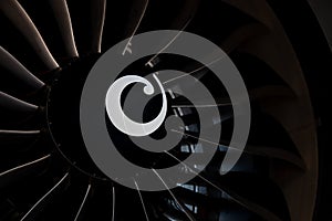 Turbine blades of an aircraft jet engine. Close up Turbines Engine. Aviation Technologies. Aircraft jet black detail