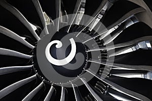 Turbine blades of an aircraft jet engine. Close up Turbines Engine. Aviation Technologies. Aircraft jet black detail during