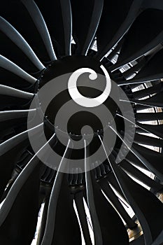 Turbine blades of an aircraft jet engine. Close up Turbines Engine. Aviation Technologies. Aircraft jet black detail during