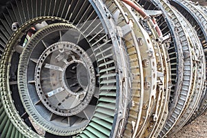 Turbine blades of aircraft jet engine - retro vintage filter effect