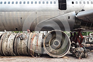 Turbine blades of aircraft jet engine - retro vintage filter effect and Airplane background