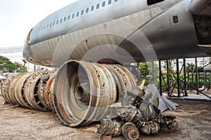 Turbine blades of aircraft jet engine - retro vintage filter effect and Airplane background