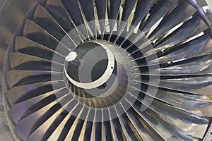 Turbine blades jet engine aircraft closeup