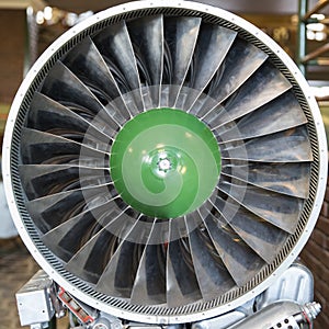 Turbine blades of turbo jet engine for plane, aircraft concept in aviation industry