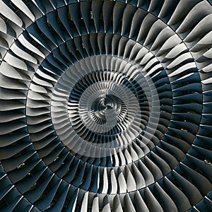 Turbine blades wings spiral effect abstract fractal pattern background. Spiral industrial production metallic turbine background.