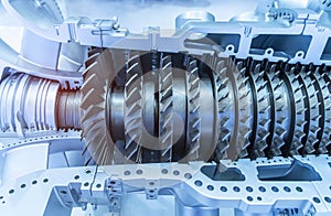 turbine engine with longitudinal section for studying arrangement of blades and combustion chambers