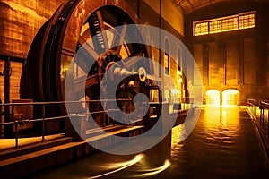 Turbine generators. Hydroelectric power plant. Interior. Neural network AI generated