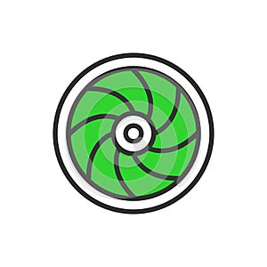 Turbine, in line design, green. Turbine, energy, power, wind, generator, rotation, blade on white background vector photo