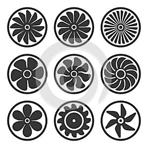 Turbines and Fan Icons Set. Turbojet Engine Power. Vector