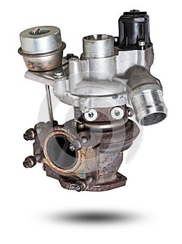 Turbo charger installed for power booster torque drive on white isolated background. Auto service industry for racing