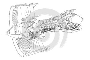 Turbo jet engine aircraft. Vector line illustration.