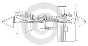 Turbo jet engine aircraft. Vector line illustration.