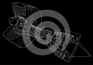 Turbo jet engine aircraft. Vector line illustration.