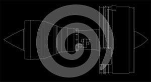 Turbo jet engine aircraft. Vector line illustration.