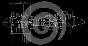 Turbo jet engine aircraft. Vector line illustration.