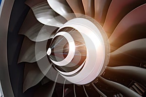 Turbo jet engine of airplane, close up in the light sparkle reflection