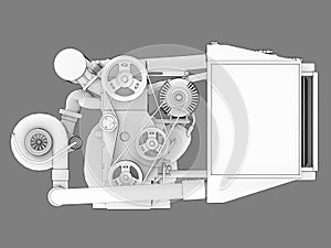 Turbocharged four-cylinder, high-performance engine for a sports car. Black and white bitmap illustration of a white engine silhou