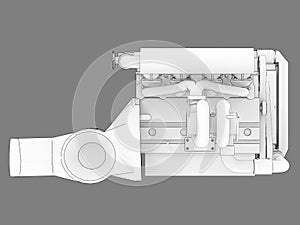 Turbocharged four-cylinder, high-performance engine for a sports car. Black and white bitmap illustration of a white engine silhou