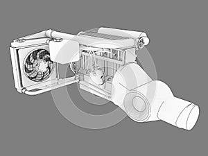 Turbocharged four-cylinder, high-performance engine for a sports car. Black and white bitmap illustration of a white engine silhou