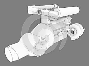 Turbocharged four-cylinder, high-performance engine for a sports car. Black and white bitmap illustration of a white engine silhou