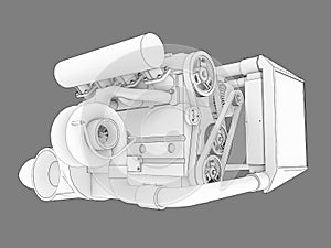 Turbocharged four-cylinder, high-performance engine for a sports car. Black and white bitmap illustration of a white engine silhou