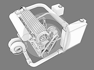 Turbocharged four-cylinder, high-performance engine for a sports car. Black and white bitmap illustration of a white engine silhou