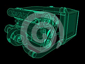 Turbocharged four-cylinder, high-performance engine for a sports car. Green neon glow illustration on a black background. 3d rende