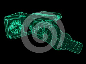 Turbocharged four-cylinder, high-performance engine for a sports car. Green neon glow illustration on a black background. 3d rende