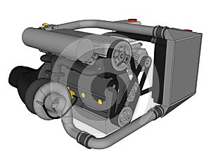 A turbocharged four-cylinder, high-performance engine for a sports car. Vector color illustration with strokes of contours of deta