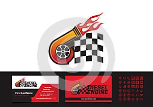 Turbocharger diesel flame finish flag logo business card template vector