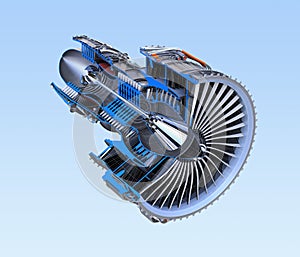 Turbofan jet engine`s cross section wireframe isolated on blue background