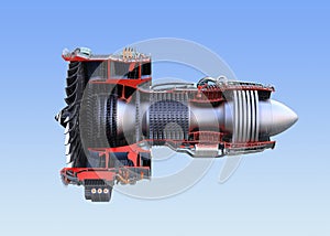 Turbofan jet engine`s cross section wireframe isolated on blue background