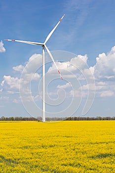 Turbogenerator on a field of flowering canola, against a blue sky with clouds