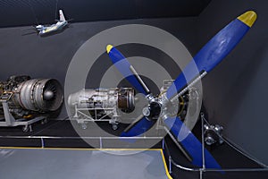 Turbojet and turboprop aircraft engines set on a stand