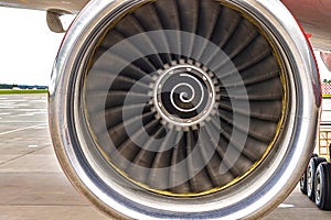 Turboprop aircraft engine closeup shot. front view
