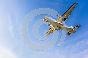 Turboprop airplane landing at Larnaca International Airport