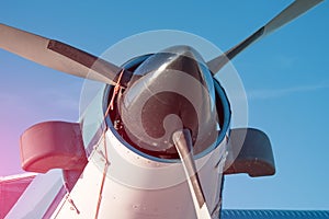 Turboprop engine on wing, close up view