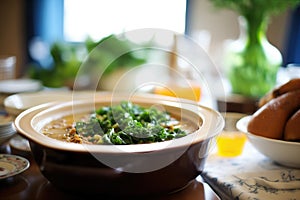 tureen of lentil soup at a family dinner table